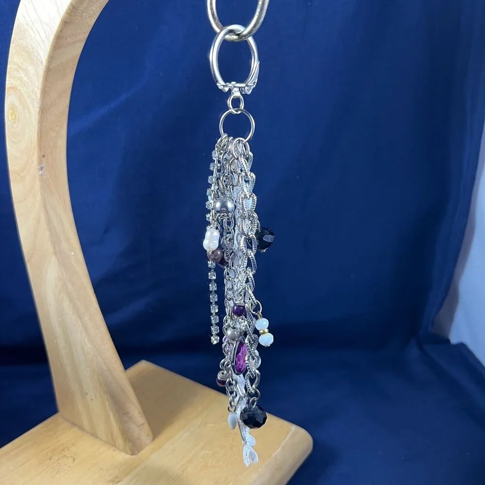 Handcrafted Silver & Beaded Tassel Bag Charm With Purple & Blue Accents